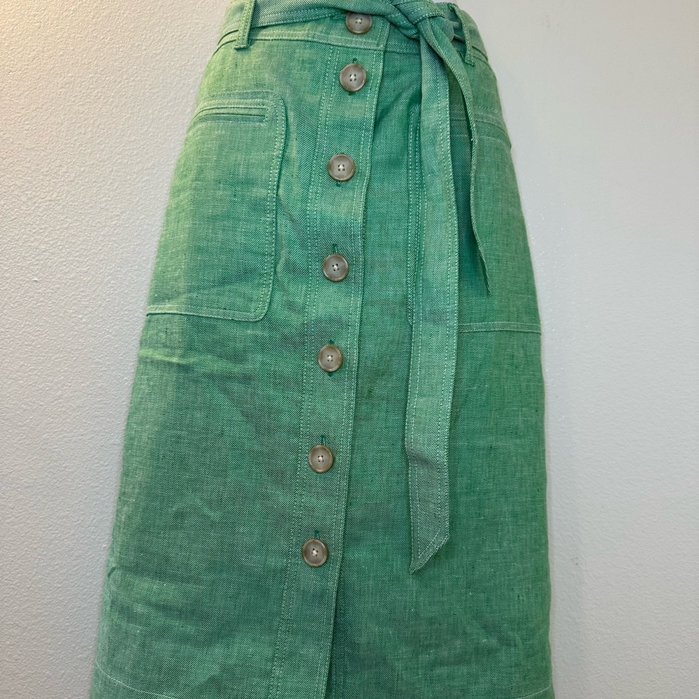 J.Crew Green Linen Blend Button Front Midi Skirt 6 casual spring skirt - Picture 7 of 9